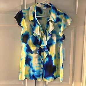 NWT Calvin Klein Multicolored  Ruffles Capped Sleeve Button Down Top Large